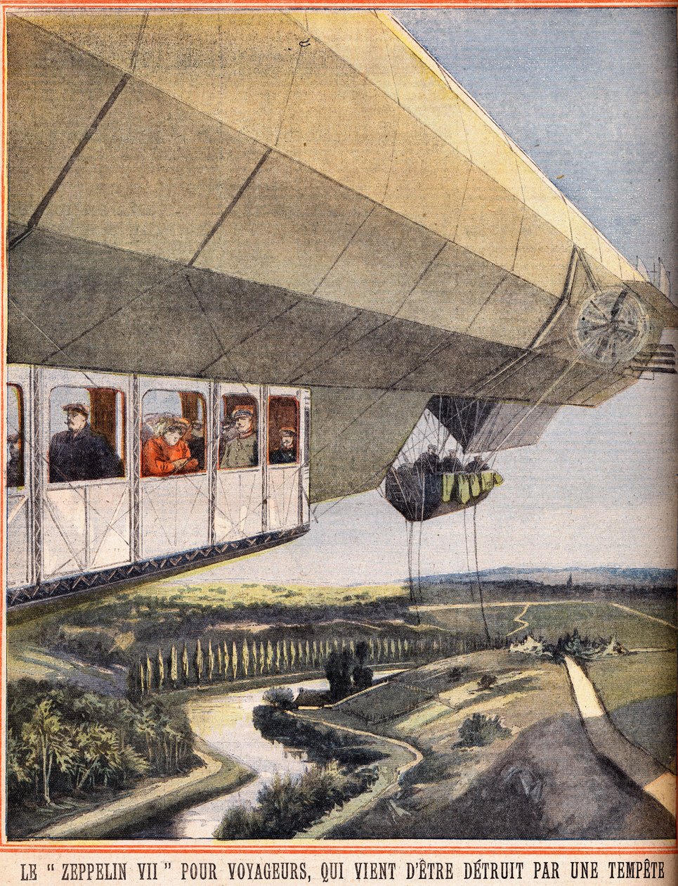 Zeppelin VII for rejsende, der lige er blevet ødelagt af en storm. Indgravering i "" Le petit parisien"" den 10/07/1910. Privat samling. af Anonymous Anonymous