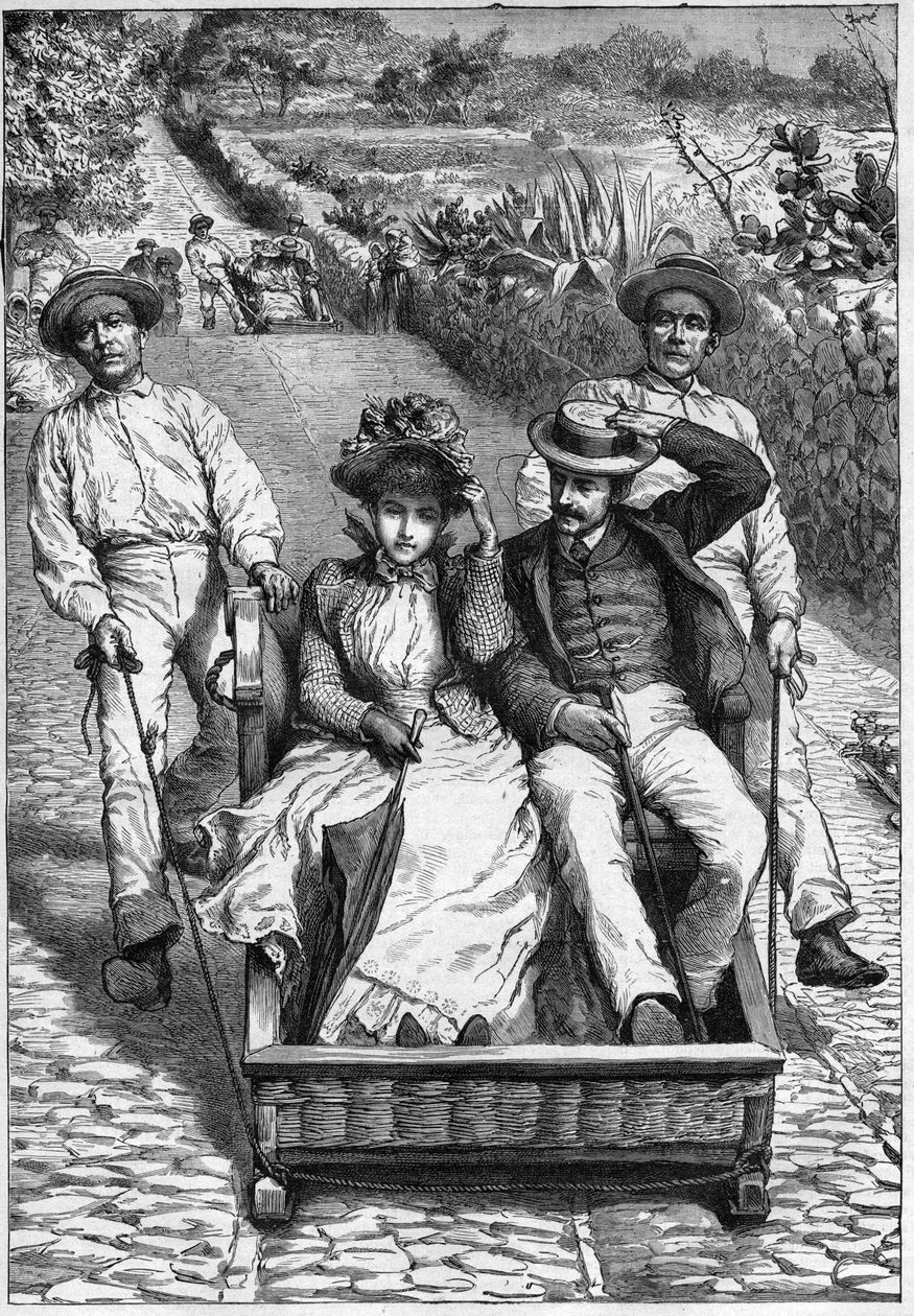 carros de cesto på Madeira 1893 - Les corinhos (carrieros) a Madeira (Madeira) - mænd, der guider et sæde to steder på roulette (un corinho). indgravering i ""Rejsetidsskrift""" 1893 af Anonymous Anonymous
