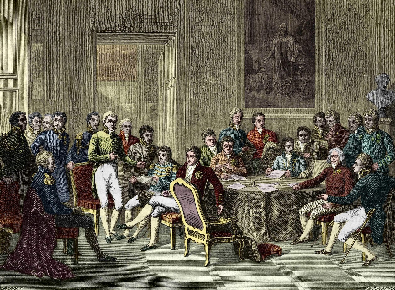 Wienerkongressen. Wienerkongressen i 1815. Alexander I, zar; H.R. Stewart, Castlereagh; Francois I, kejser af Østrig; Frederik Vilhelm III, Konge af Preussen; Karl August, Prins af Hardenbergh; Wilhelm von Humboldt (William af Humboldt af Anonymous Anonymous