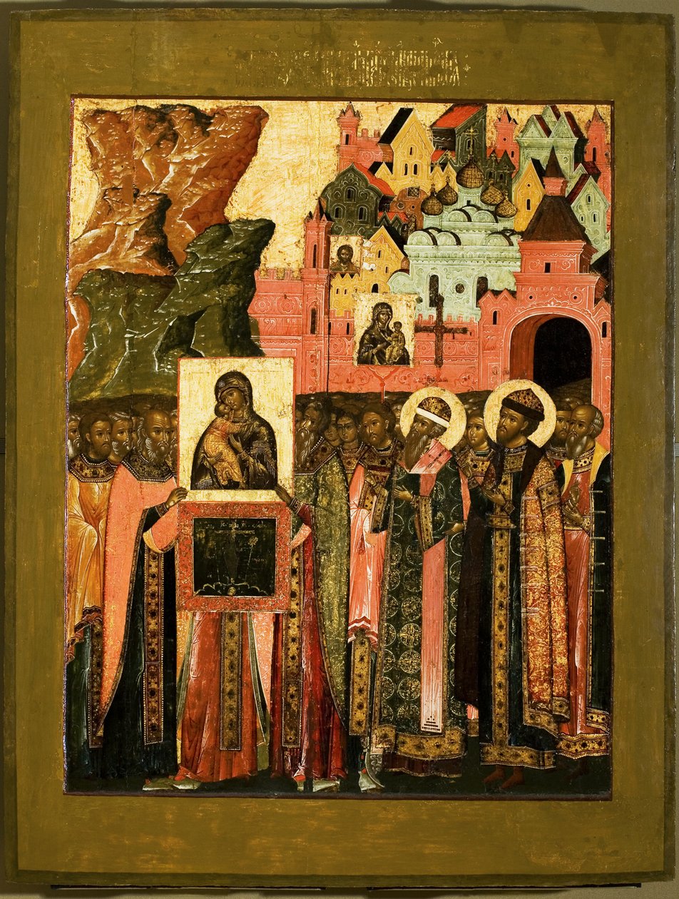 Ankomsten af Vor Frue af Vladimirs ikon i Moskva i 1395, midten af det 17. af Anonymous Russian icon painter