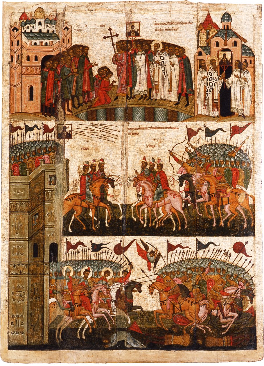 Kamp mellem novgorodianerne og suzdalianerne, midten af det 15. århundrede. af Anonymous Russian icon painter
