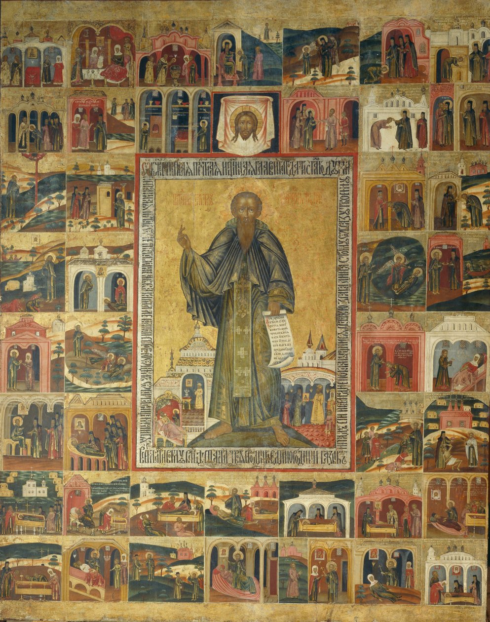 Saint Cyril of White Lake med scener fra hans liv, 1600-tallet af Anonymous Russian icon painter