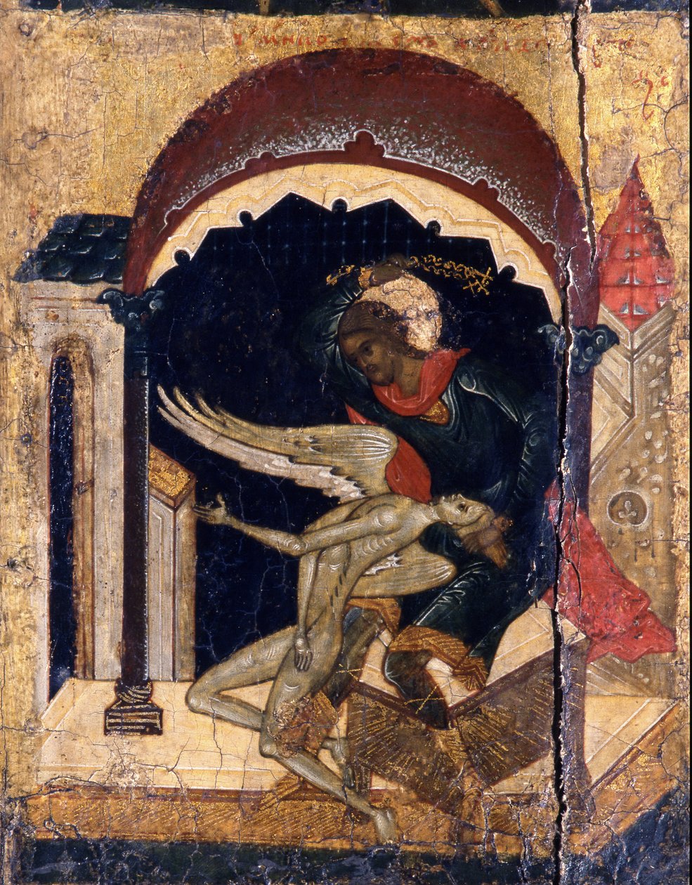 Saint Nicetas overvinder Satan-detaljen, 1500-tallet af Anonymous Russian icon painter