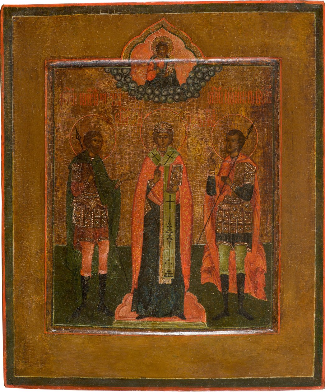 De hellige Menas, Nikita af Novgorod og John the Warrior, første fjerdedel af det 19. århundrede af Anonymous Russian icon painter