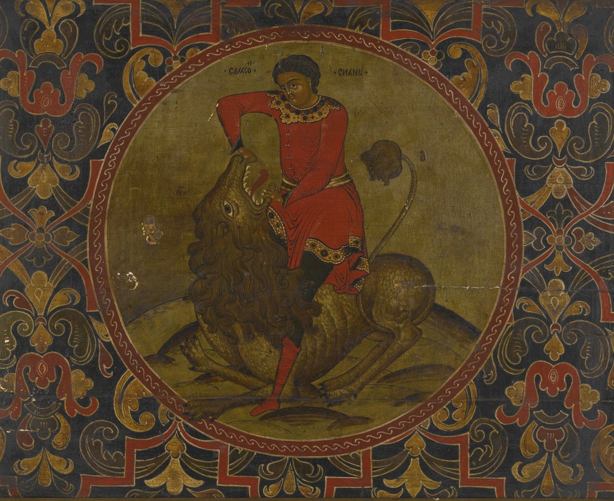 Samson Fighting the Lion, begyndelsen af det 18. århundrede af Anonymous Russian icon painter