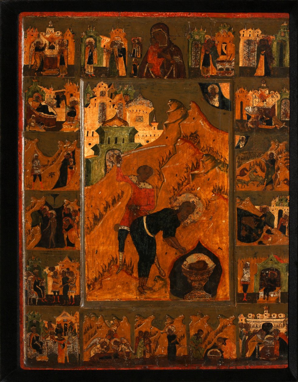 Halshugningen af Johannes Døberen med Feodorovskaya Guds Moder, tidligt i det 17. af Anonymous Russian icon painter