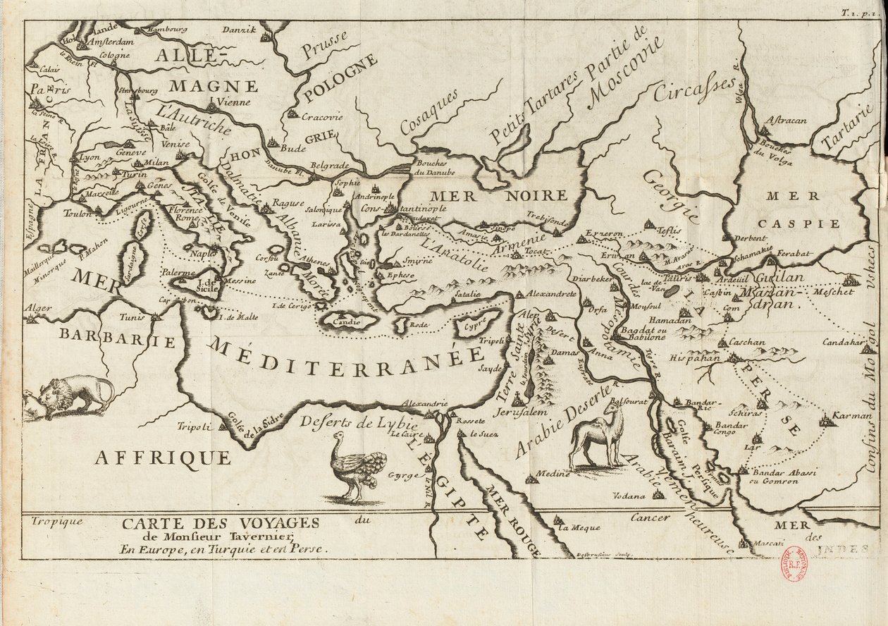 Kort over Taverniers rejser i Europa, Persien, Tyrkiet, 1600-tallet. af Anonymous master.