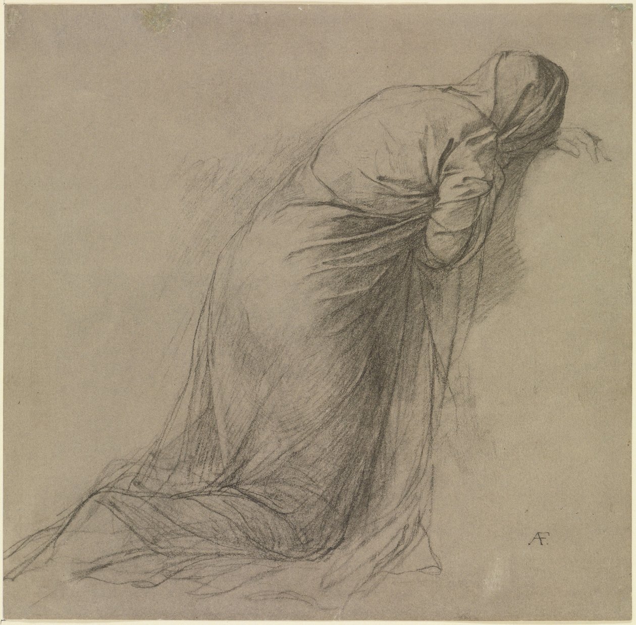 Dragtstudie af en tilsløret kvindefigur, der knæler mod højre af Anselm Feuerbach