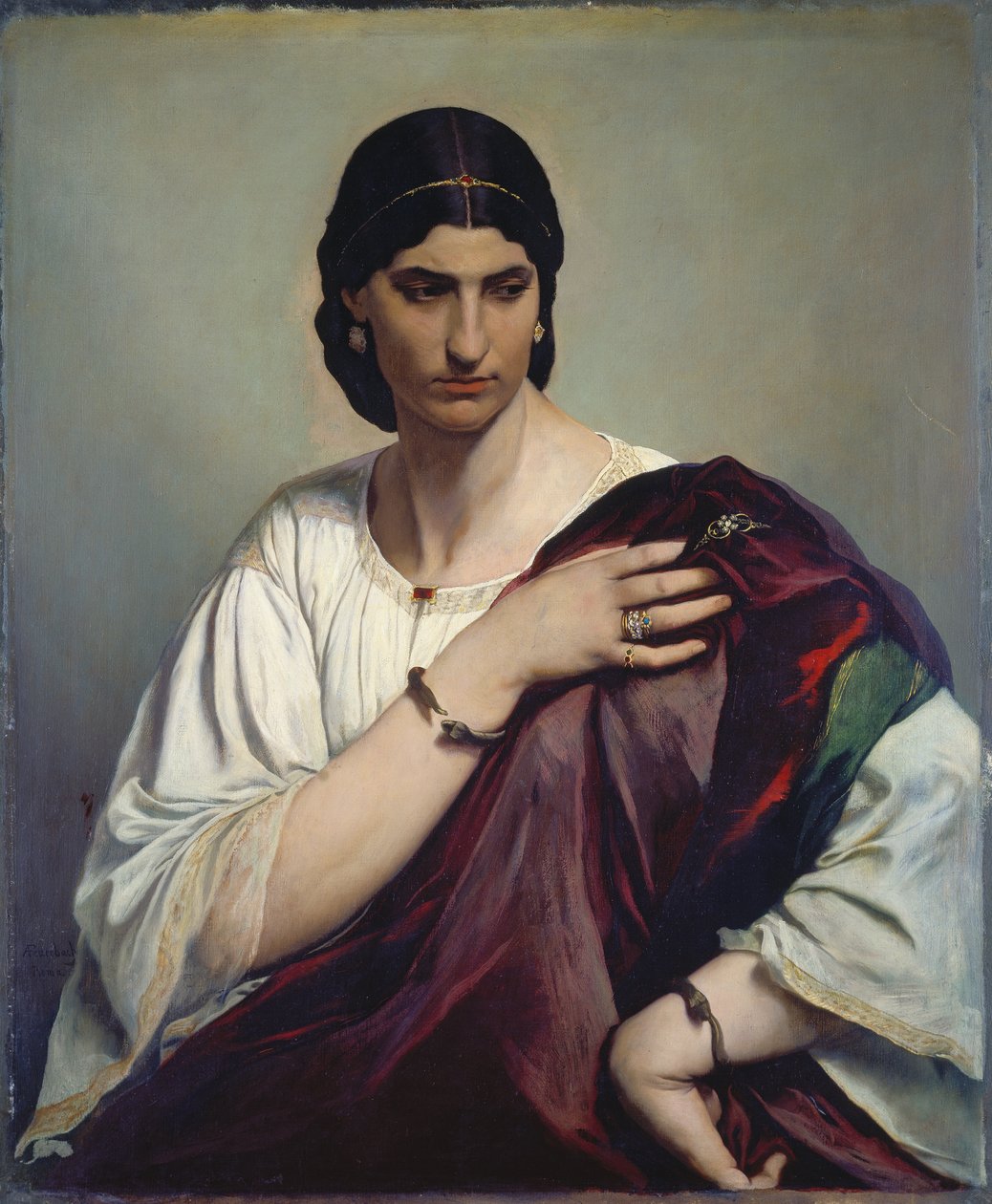 Lucrezia Borgia; Portræt af en romersk kvinde i hvid tunika og rød kappe, ca. 1862-66 (olie på lærred) af Anselm Feuerbach