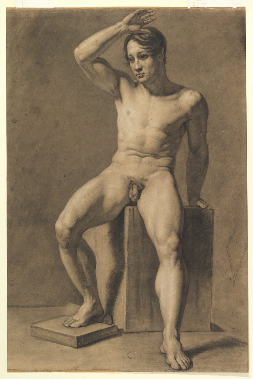 Siddende mandlig nøgenmodel (forsiden); Gående mandlig nøgenmodel (bagsiden) af Anselm Feuerbach