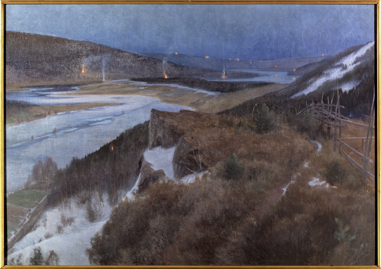 Nuit de Walpurgis a Bergslagen - Walpurgis Night in Bergslagen, Grangaerde i Dalarna, af Schultzberg, Anshelm Leonard (1862-1945). Olie på lærred af Anshelm Schultzberg