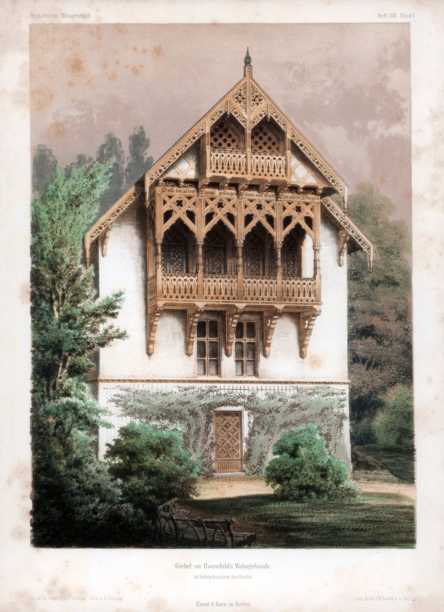 Gavl på en beboelsesbygning, Schonhausen, nær Berlin, Tyskland, c1850 af Anst von W Loeillot