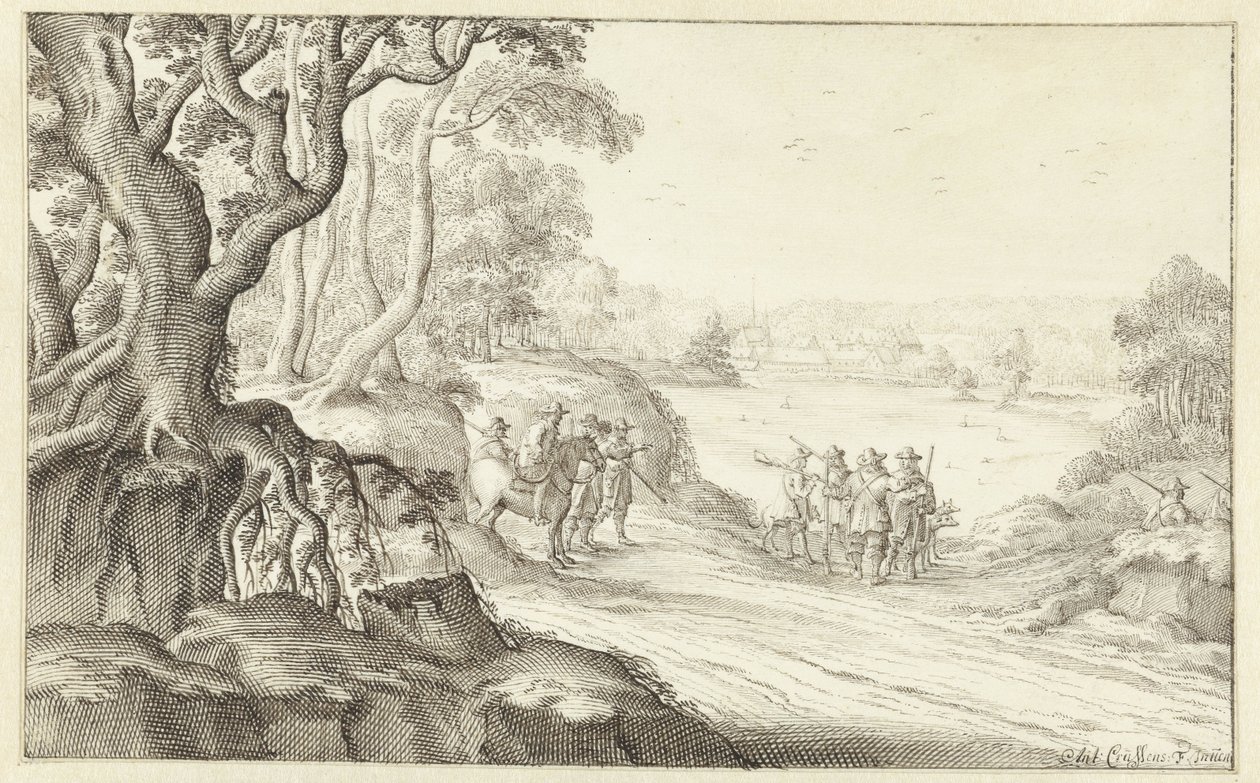 Jægere i et kuperet landskab, Groenendaal Abbey i Bruxelles i baggrunden af Anthonie Crussens