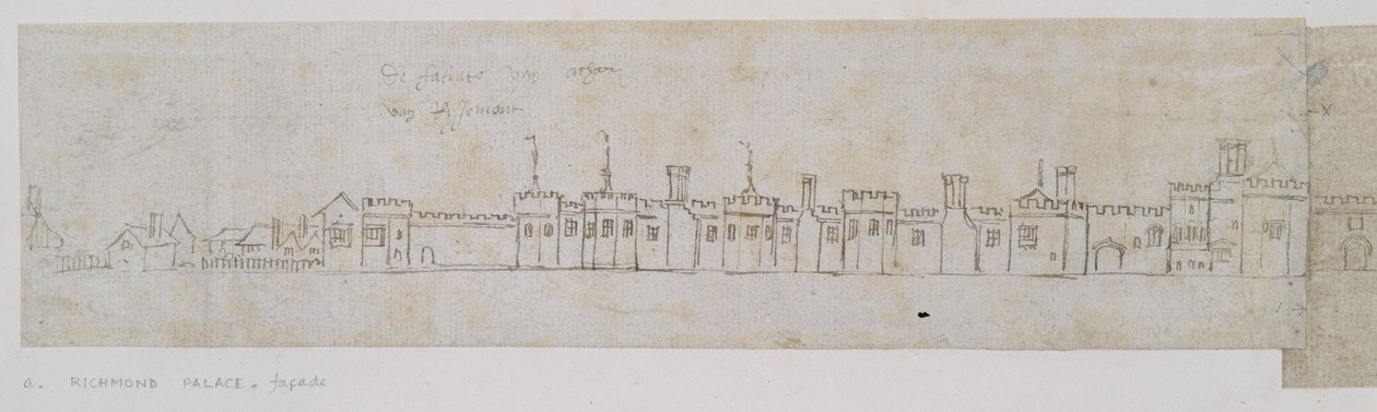 Richmond Palace, facade (pen og brunt blæk over svage markeringer med sort kridt) af Anthonie Jacobus van Wyngaerdt