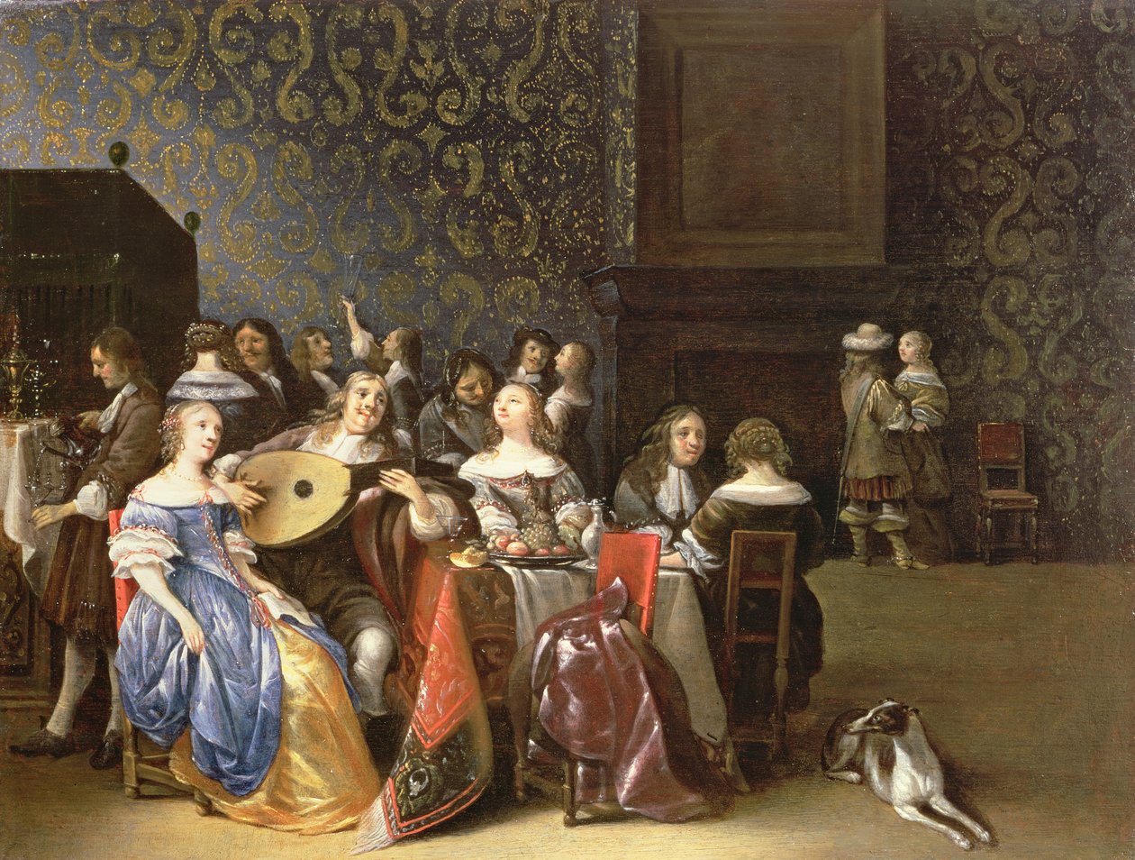 Elegant selskabslyst i et interiør (panel) af Anthonie Palamedesz