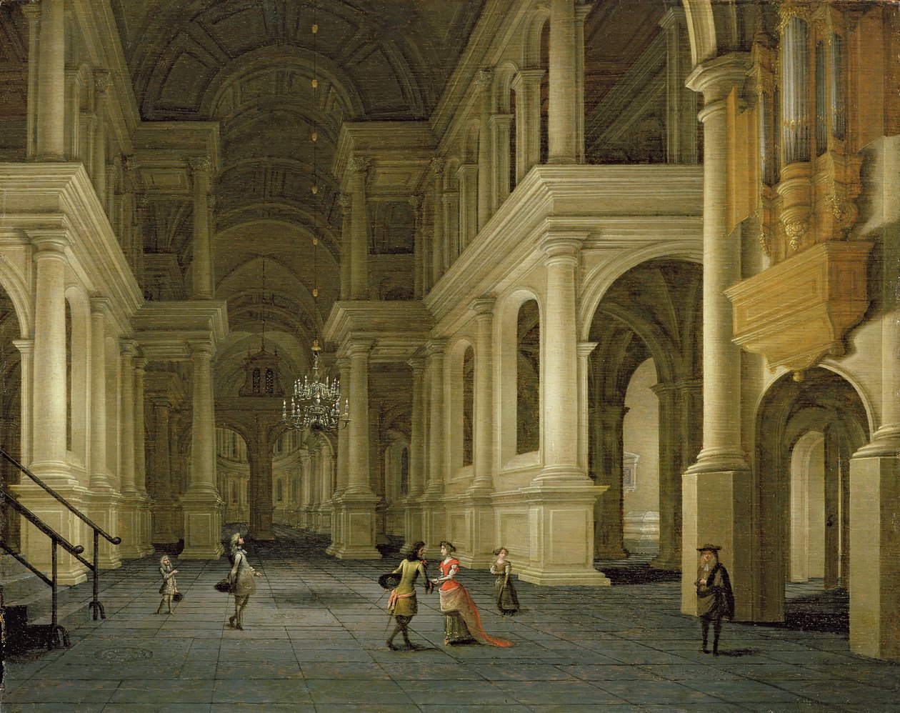Det indre af en renæssancekatedral ved stearinlys af Anthonie Delorme
