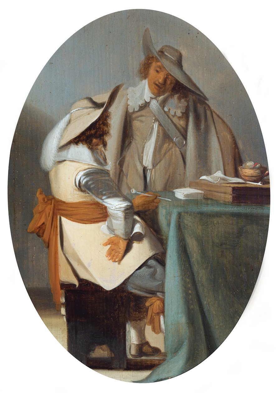 To mænd i samtale ved et bord (olie på panel) af Anthonie (1601-73) (attr.to) Palamedesz