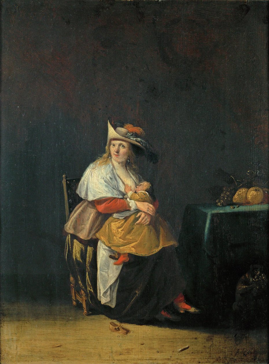 De fem sanser: smag, en kvinde, der ammer sit barn ... af Anthonie (1601-73) Palamedesz