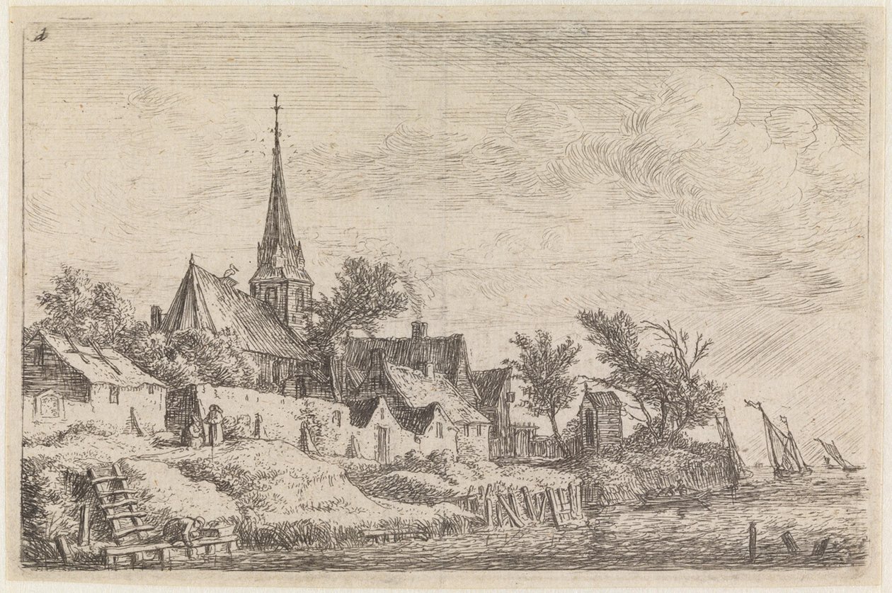 Landsby med en kirke med spidst tårn ved havets bred (nr. 4 fra en serie på 12 tryk) af Anthonie Waterloo