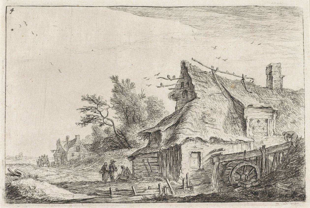 Udsigt til landsbyen med en vandmølle Landskaber med bygninger (serietitel) af Anthonie Waterloo