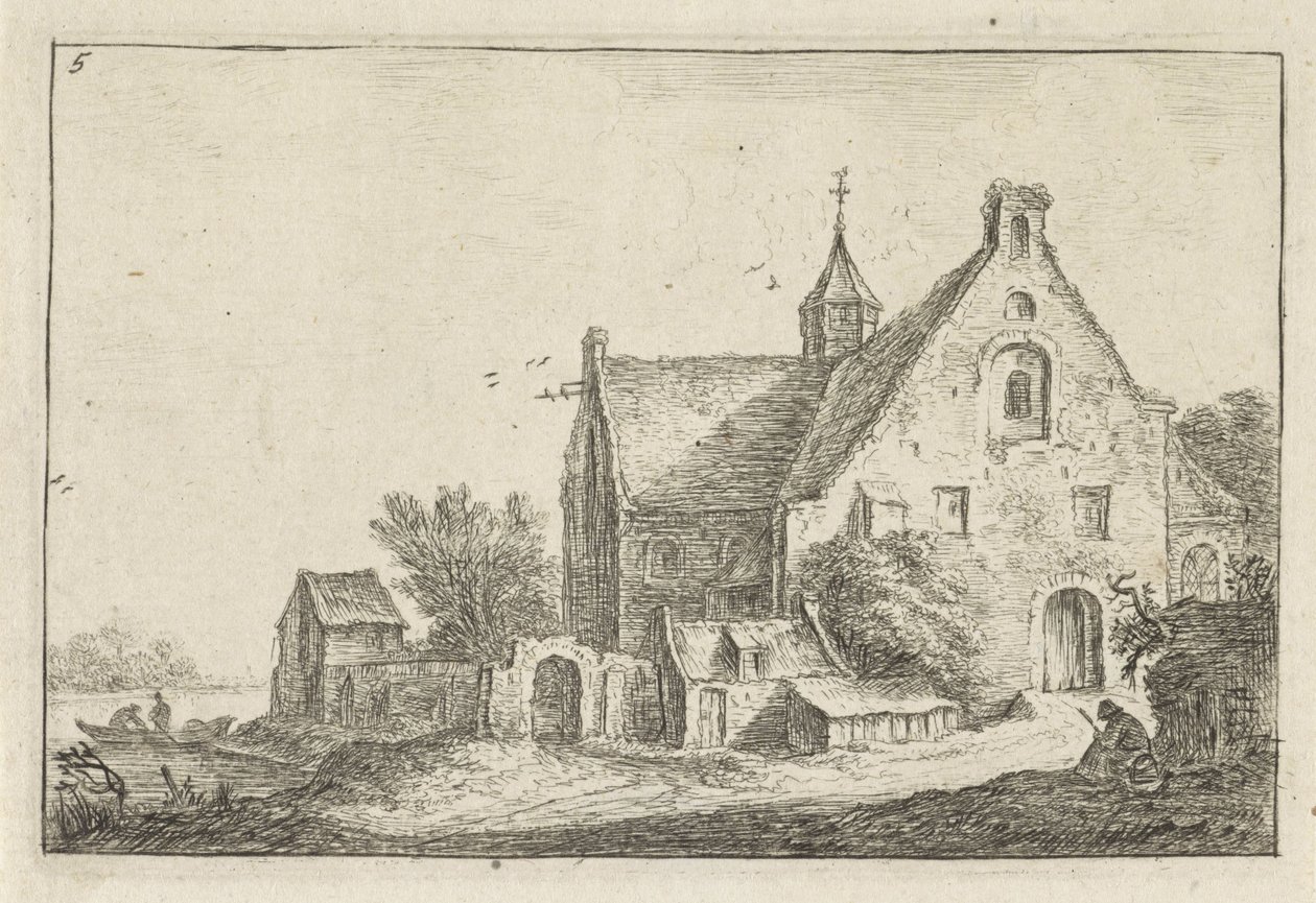 Landsbykirke ved vandet Landskaber med bygninger (serietitel) af Anthonie Waterloo