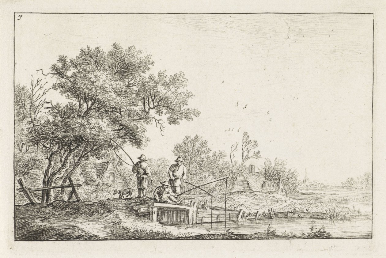 Tre fiskere på en bro Landskaber med bygninger (serietitel) af Anthonie Waterloo