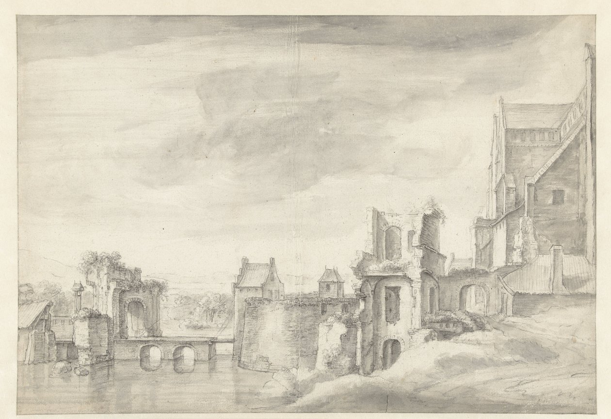 Udsigt over ruiner på en flodbred (St. Walburgkerk i Arnhem?) af Anthonie Waterloo