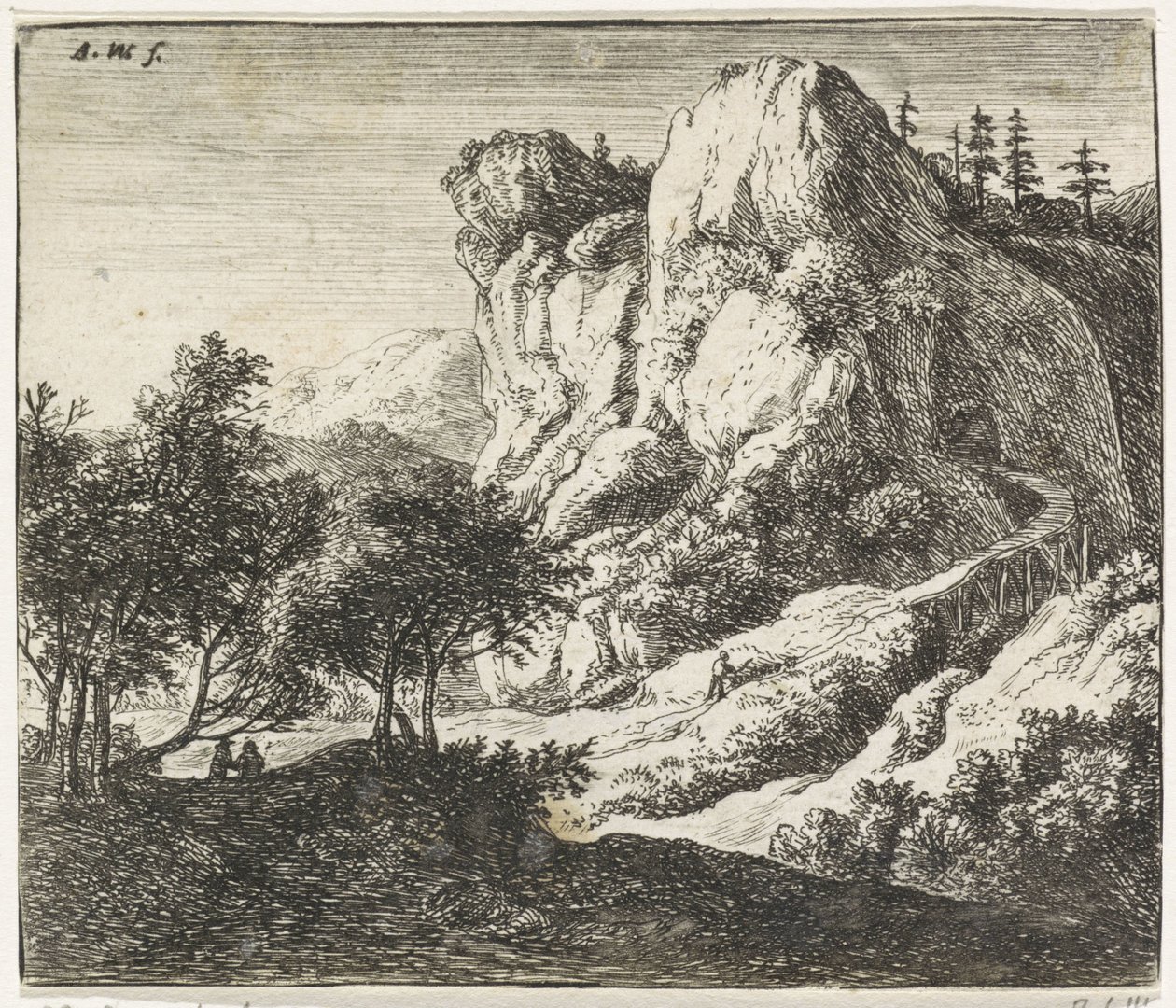 Træbro ved et klippefremspring Klippelandskaber (serietitel) af Anthonie Waterloo