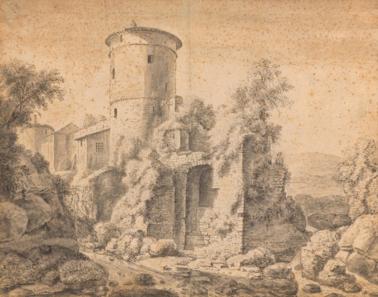 Ruin med rundt tårn af Anthonie Waterloo