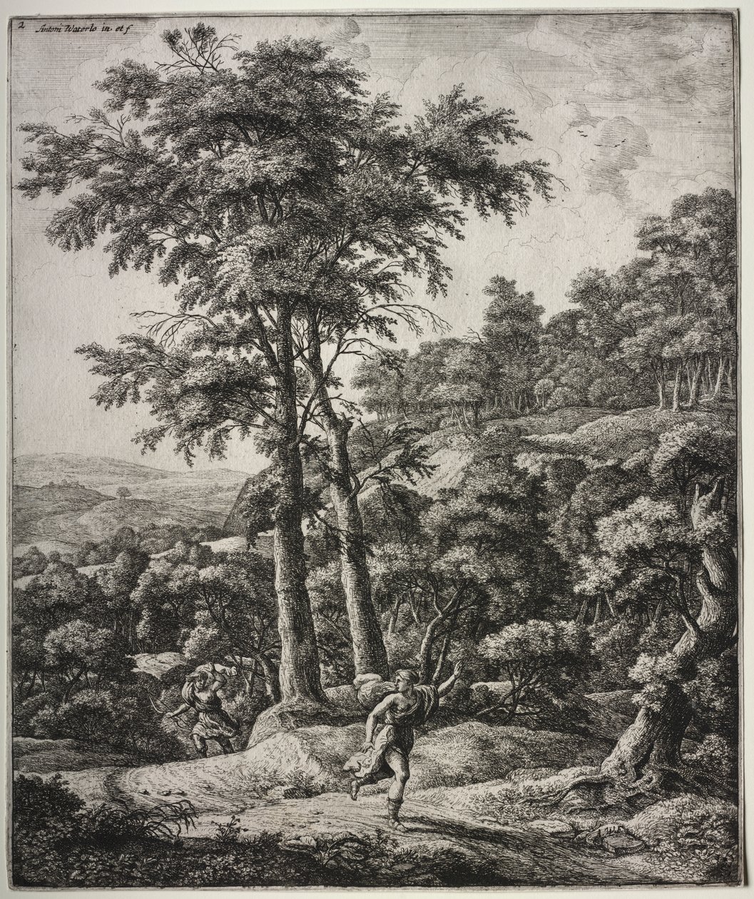 Seks store opretstående landskaber med scener fra Ovids Metamorfoser: Apollo og Daphne af Anthonie Waterloo