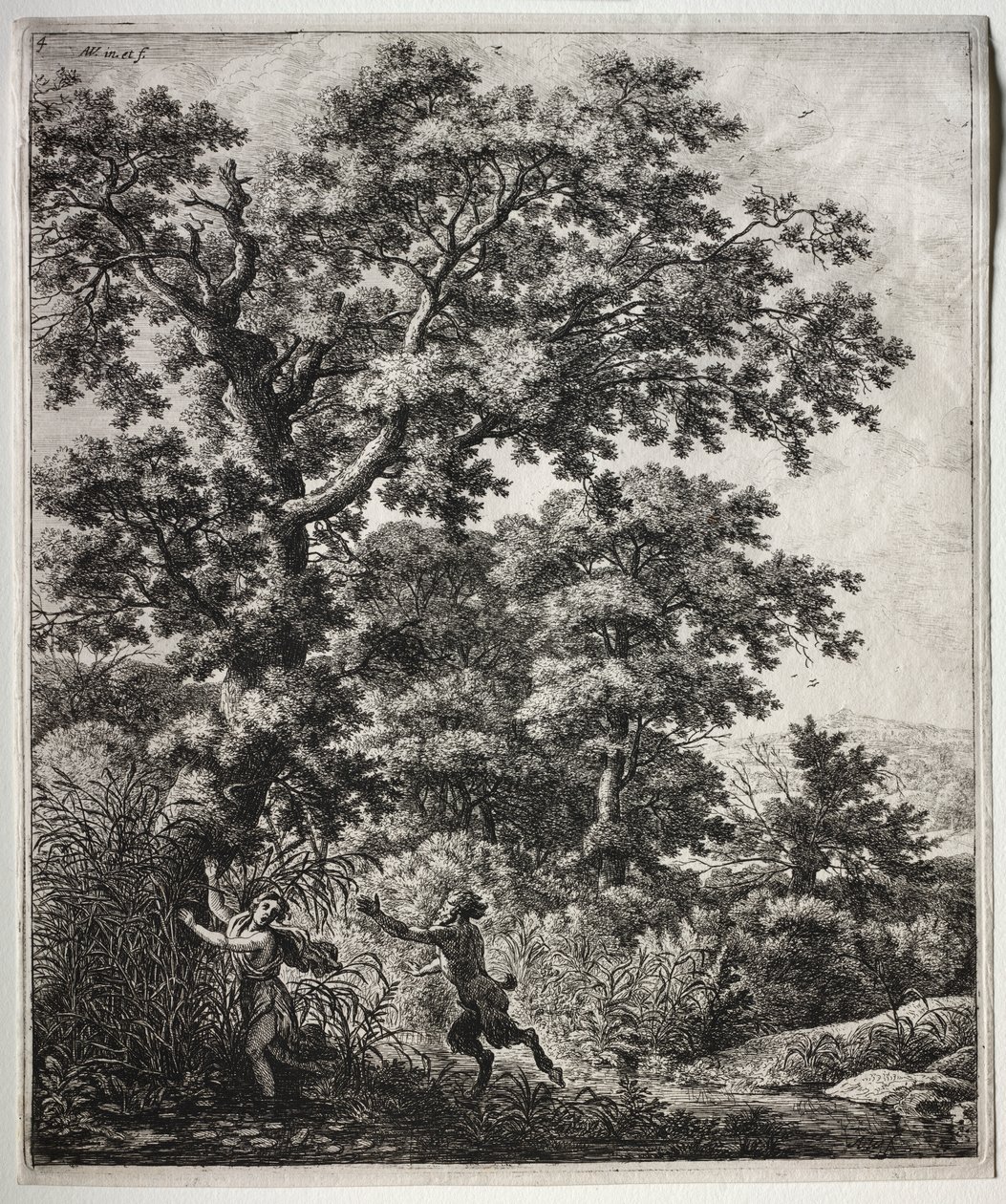 Seks store opretstående landskaber med scener fra Ovids Metamorphoses: Pan and Syrinx af Anthonie Waterloo