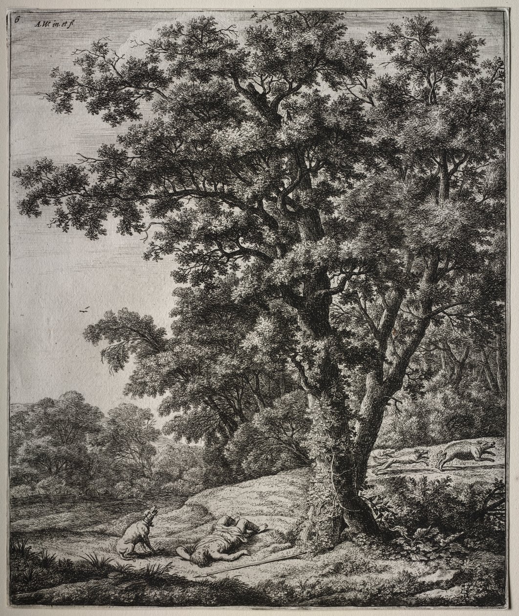 Seks store opretstående landskaber med scener fra Ovids Metamorphoses: The Death of Adonis af Anthonie Waterloo