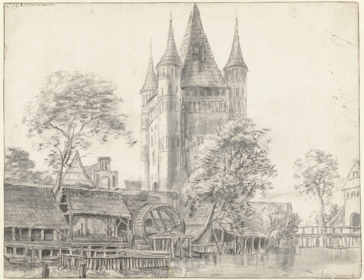 Altenbrücker Tor-byporten og vandmøllen i Lüneburg ved Hamborg af Anthonie Waterloo