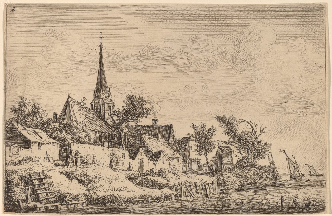 Village Steeple ved havet af Anthonie Waterloo