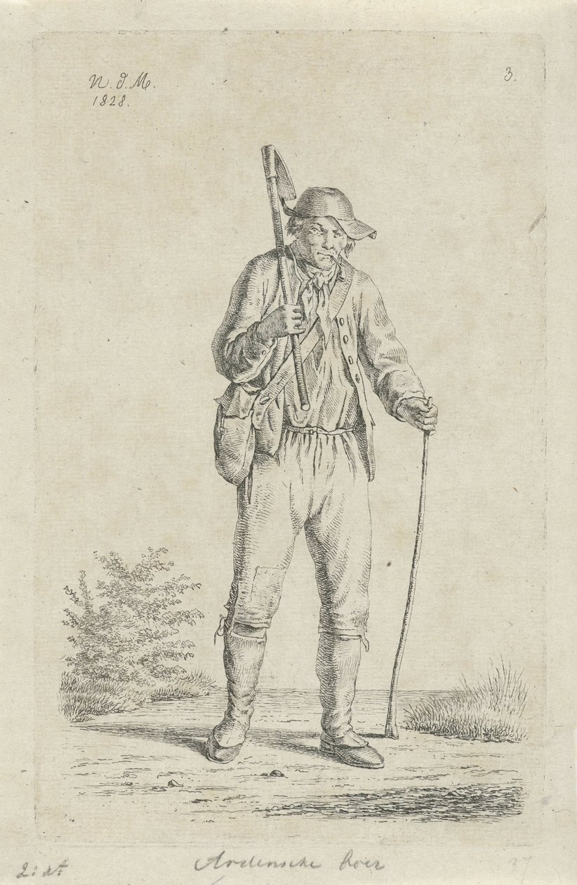 Bonde fra Ardennerne med hakke Ardennerbonde (titel på objekt) Landmænd og kvindelige landmænd fra Det Forenede Kongerige Holland (serietitel) af Anthonie Willem Hendrik Nolthenius de Man