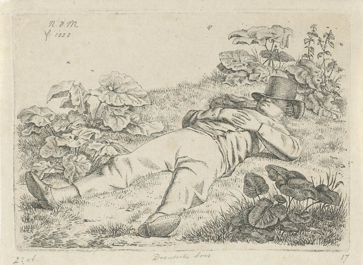 Liggende mand i græsset Drentsche bonde (titel på objekt) af Anthonie Willem Hendrik Nolthenius de Man