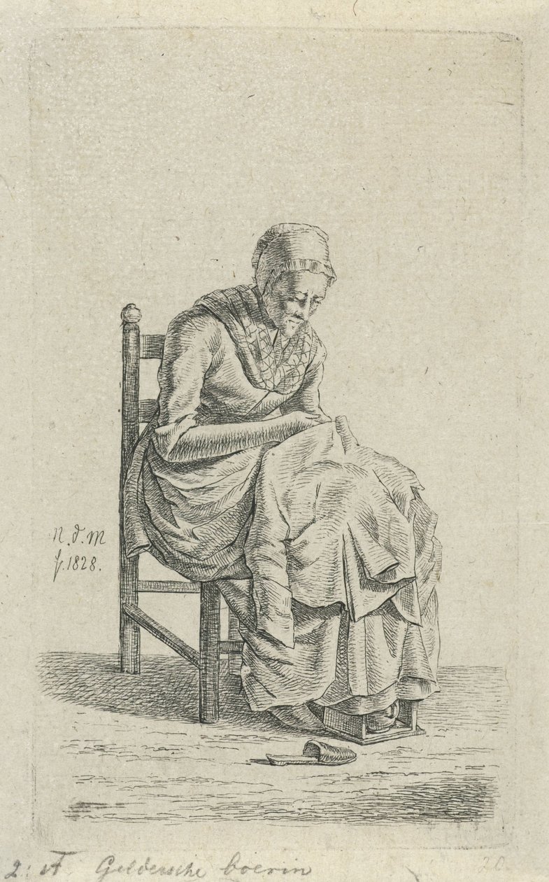 Reparerende kvinde på en stol Gelderlands bondekone (titel på objektet) 12 studiefigurer (serietitel) af Anthonie Willem Hendrik Nolthenius de Man