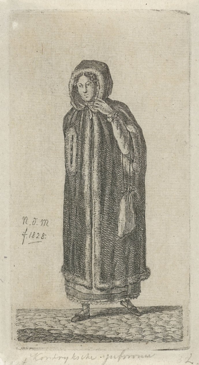 Kvinde med kappe Kortrijk Miss (titel på objekt) 12 studiefigurer (serietitel) af Anthonie Willem Hendrik Nolthenius de Man
