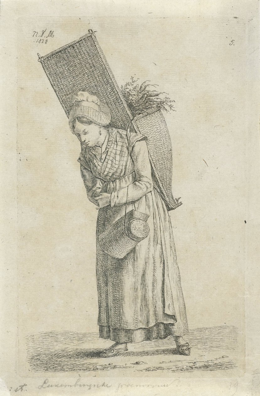 Kvinde fra Luxembourg med en kurv på ryggen Luxembourg grøn kvinde (titel på objekt) Landmænd og kvindelige landmænd fra Det Forenede Kongerige Holland (serietitel) af Anthonie Willem Hendrik Nolthenius de Man