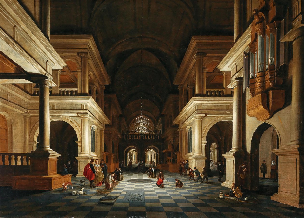Det indre af en kirke med elegante figurer, 1632. af Anthonie de Lorme