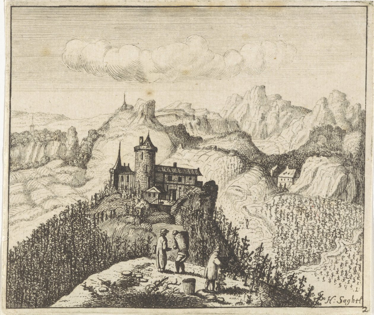 Bjerget landskab med vindrueplukkere af Anthonie de Winter (attributed to)
