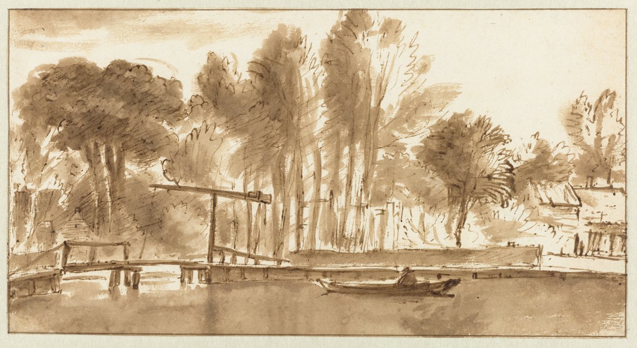Skovklædt flodlandskab med vindebro af Anthonie van Borssom (attributed to)