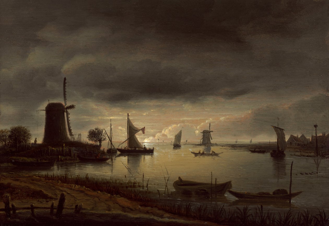 Flodscene med vindmølle og både, aften, ca. 1645. af Anthonie van Borssom