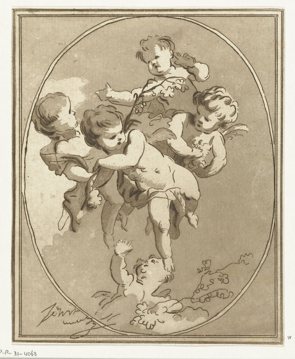 Fem putti med blomsterspray af Anthonie van den Bos