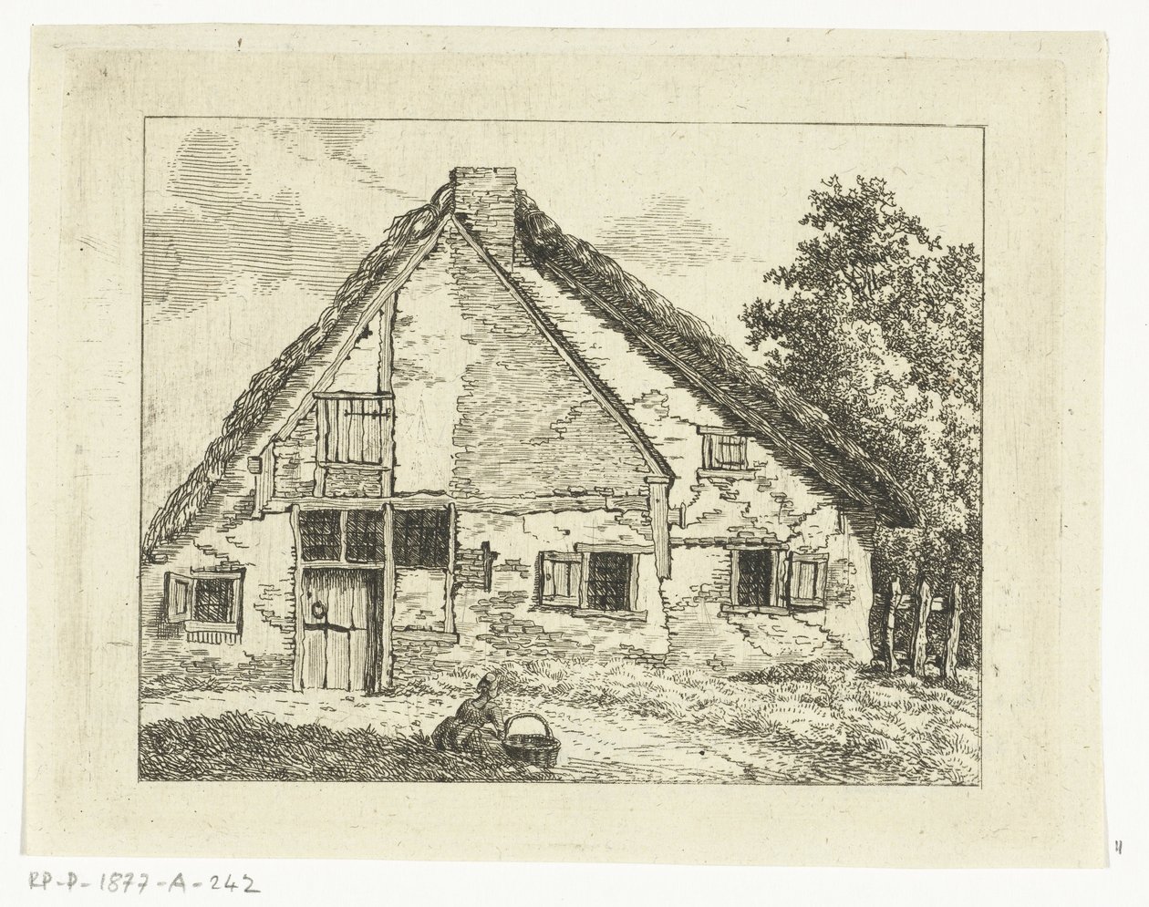 Kvinde med kurv siddende foran et hus af Anthonie van den Bos