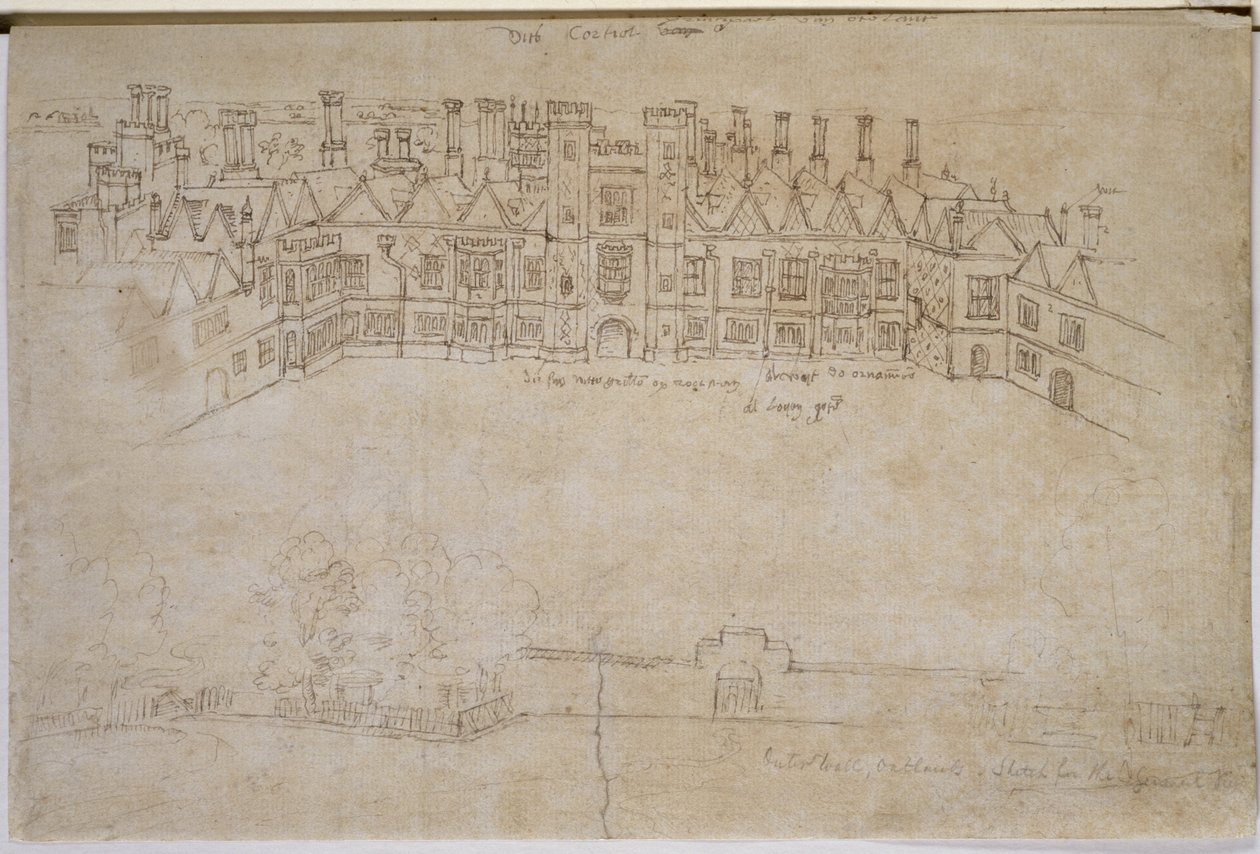 Inner Courtyard and Outer Wall of Oatlands, Richmond Palace, 1500-tallet (pen og blæk på papir) af Anthonis van den Wyngaerde