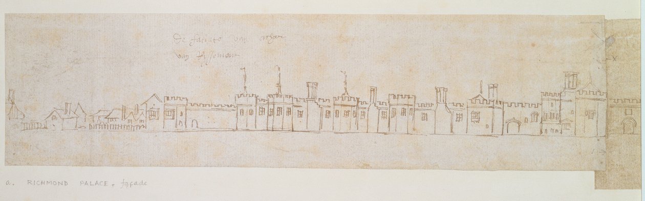 Ydre mur af Richmond Palace, 1500-tallet (pen og blæk på papir) af Anthonis van den Wyngaerde