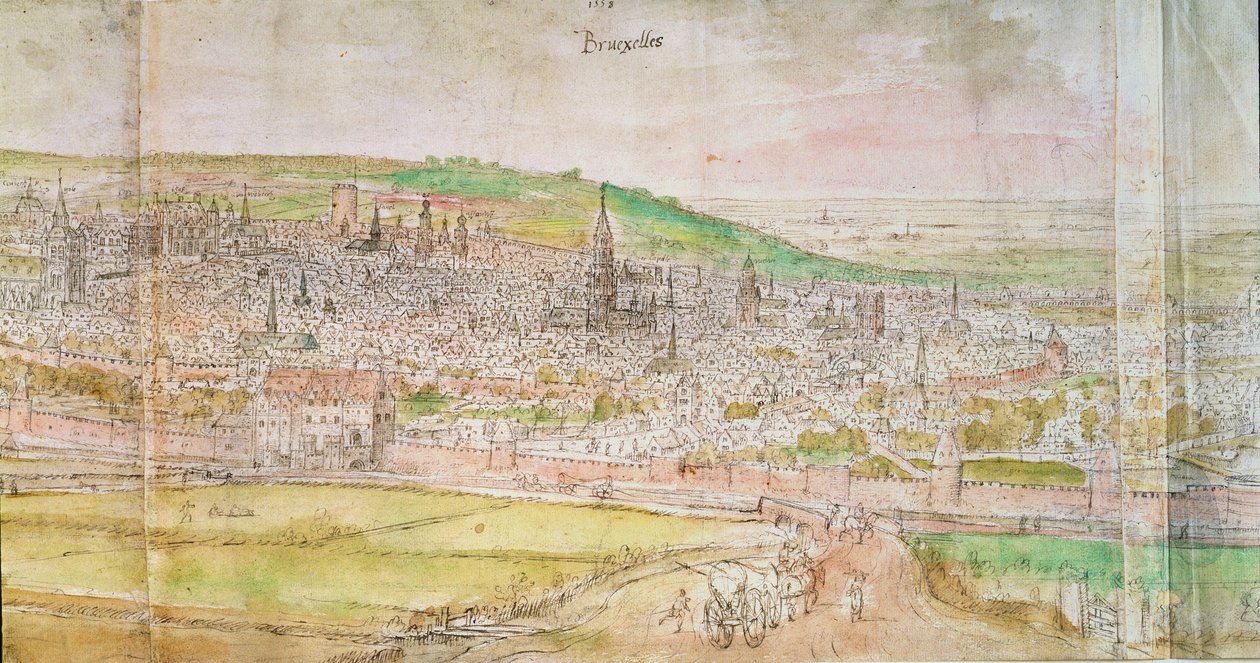Panoramaudsigt over Bruxelles, 16. århundrede (pen og blæk og wc på papir) af Anthonis van den Wyngaerde