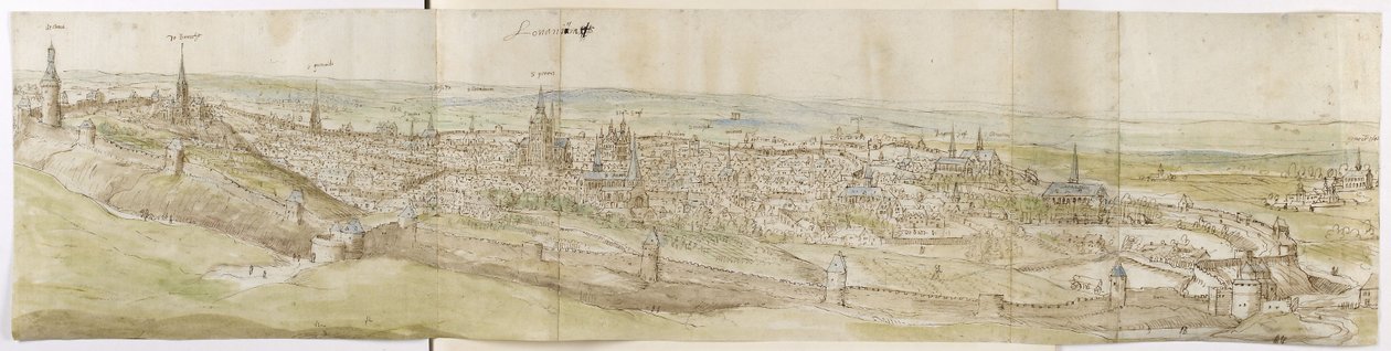 Panoramaudsigt over Leuven fra nordvest (pen og brunt blæk og akvarel over sort kridt) af Anthonis van den Wyngaerde