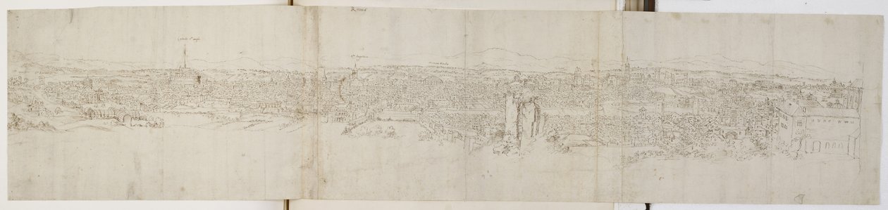 Panoramaudsigt over Rom fra Monte Janiculus (pen og brunt blæk over sort kridt) af Anthonis van den Wyngaerde